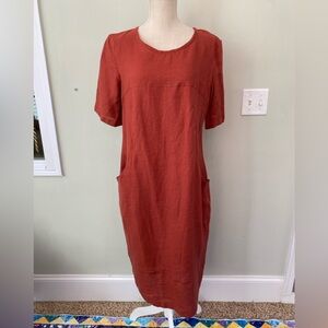 ODA LUX LINEN RUST ORANGE RED MIDI DRESS SIZE EU 40/US 10 LARGE POCKETS HIPPIE